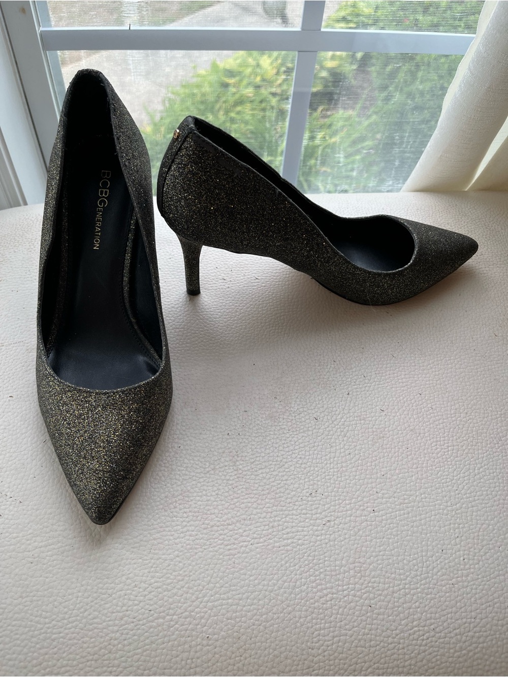 BCBGeneration Black Glitter Pointed Pumps with Subtle Gold Sparkle
